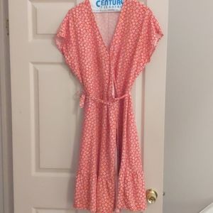 Red wrap dress with white daisies